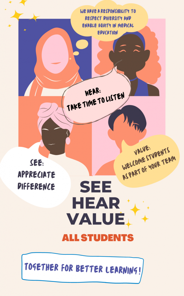 Text reads: See hear value all students. Together for better learning. The graphic shows four diverse faces in outline form. Speech bubbles from each face read: - We have a responsibility to respect diversity and enable equity in Medical Education. See: Appreciate difference Hear: Take time to listen Value: Welcome students as part of your team